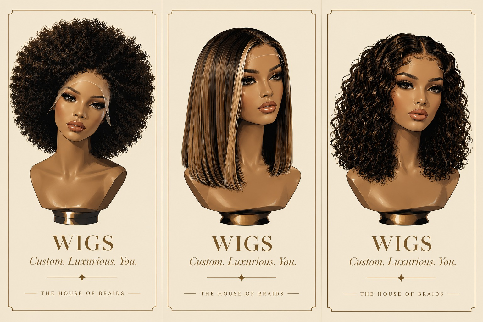 Afro textured, straight, and wavy luxury wigs