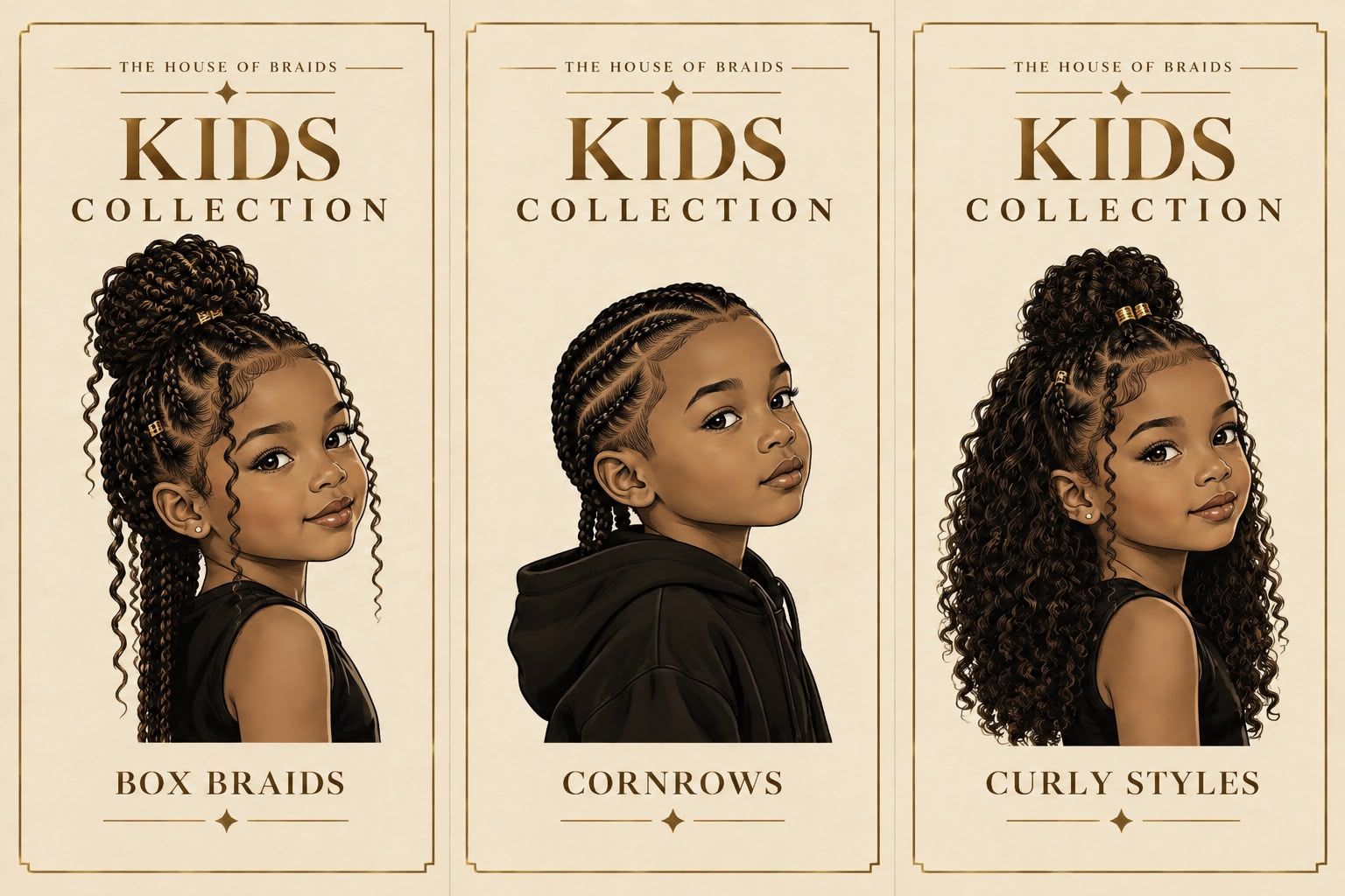 Junior House collection featuring box braids, cornrows, and curly styles